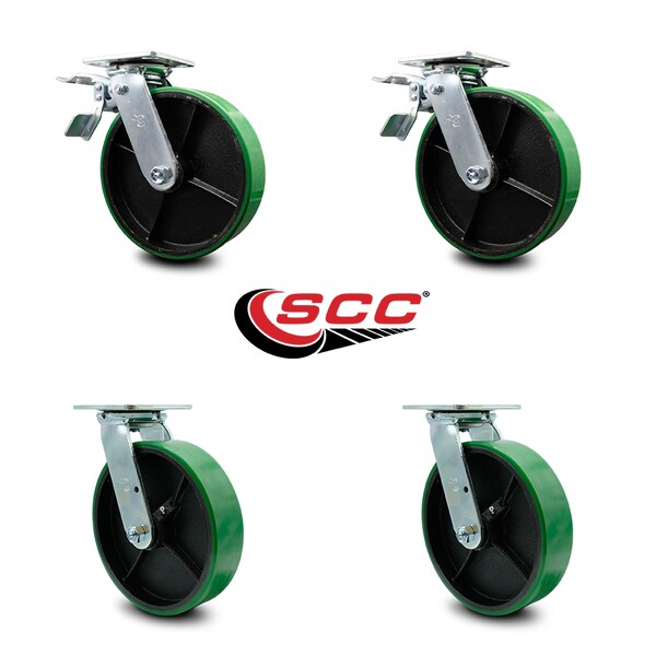 Service Caster 8 Inch Green Poly on Steel Caster Set with Roller Bearing 2 Total Lock Brake SCC SCC-TTL30S820-PUR-GB-2-S-2 - main